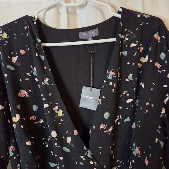 NWOT Madison Elegant Black Colorful Long Sleeve Wrap Dress Belt Size 1X - Picture 5 of 11